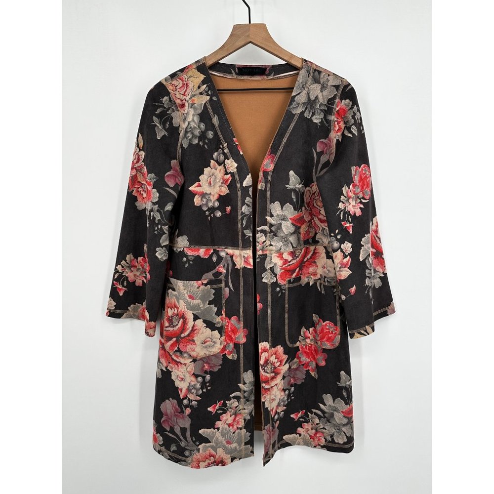 Anthropologie Monarc Gray Open Front Kimono Jacket Women Small Roses Pockets